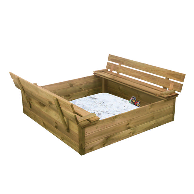 Sandpit wooden 120x120 cm with bench, cover and 240 kg sand NORDIC PLAY