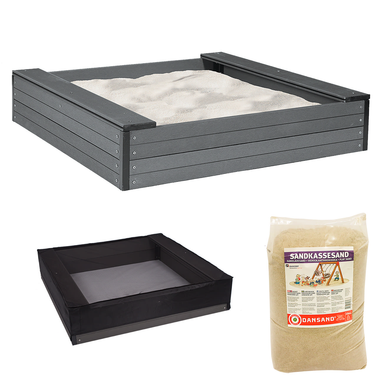 Sandpit WPC 24 x 120 x 120 cm, incl. net and 200 kg sand NORDIC PLAY
