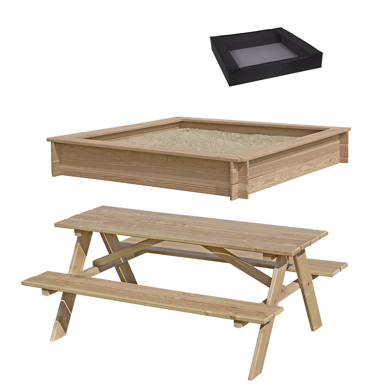 Set with sandpit, children's picnic table larch, and sandpit net NORDIC PLAY