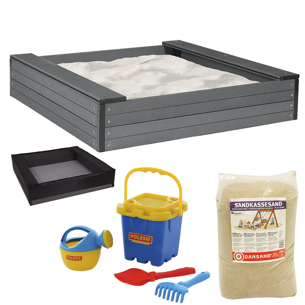 Sandpit WPC 120x120 cm with net, 240 kg sand and blue sand toys NORDIC PLAY