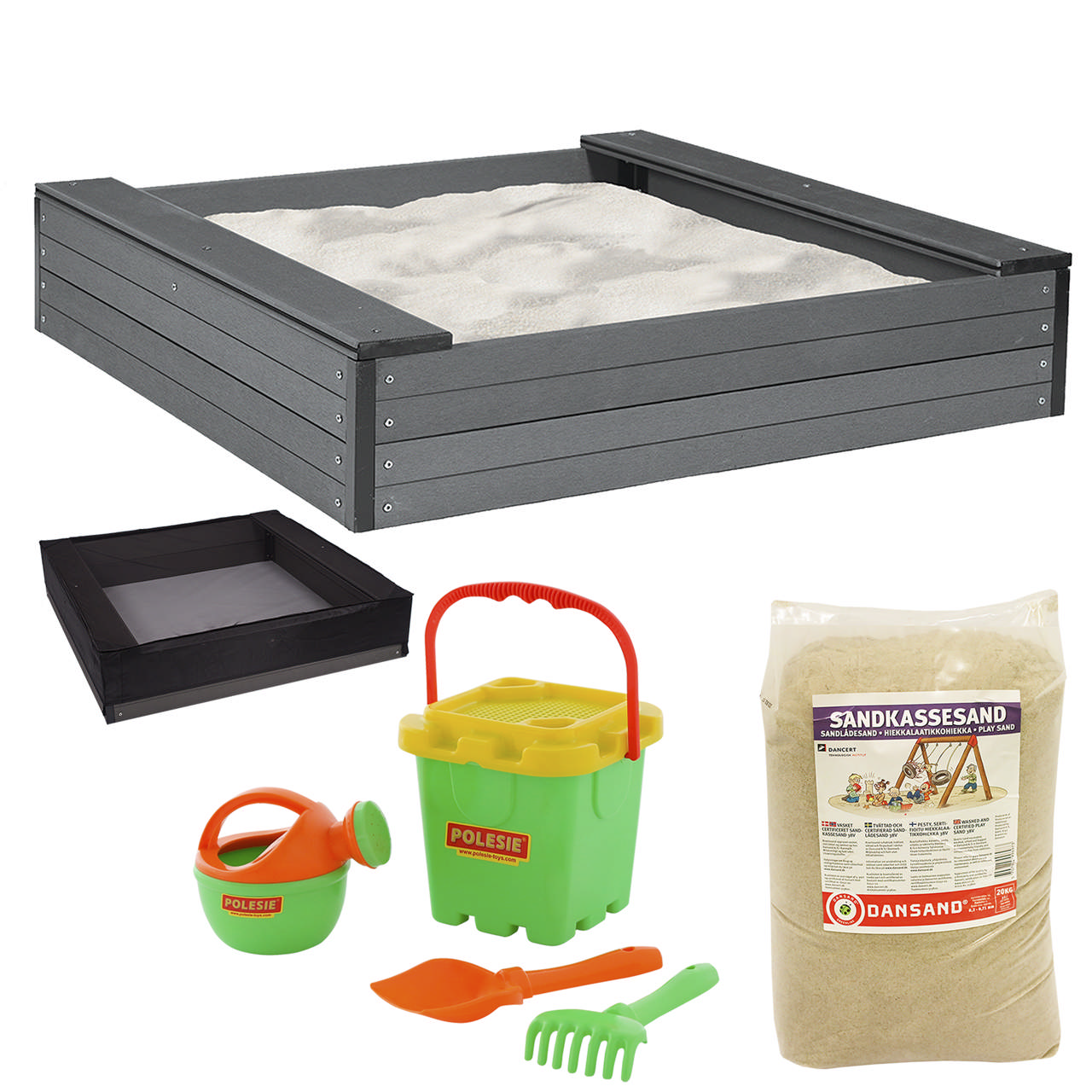 Sandpit WPC 120x120 cm with net, 240 kg sand and green sand toys NORDIC PLAY