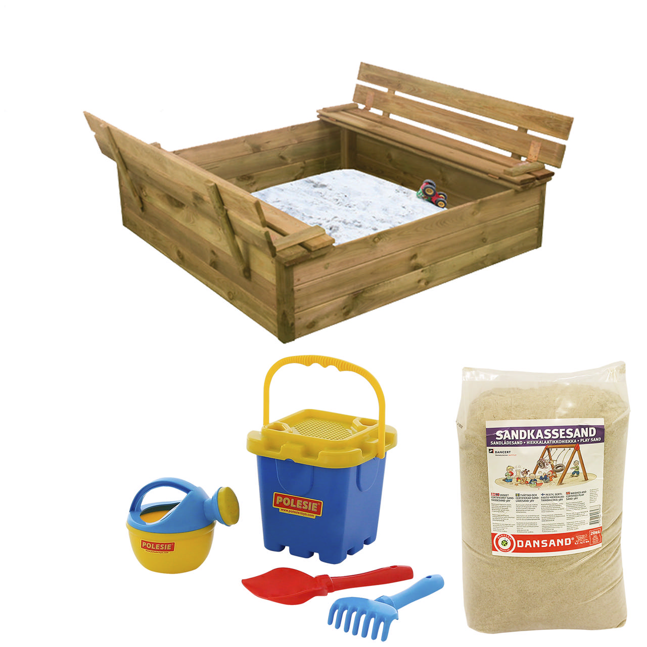 Sandpit with bench & lid 120x120 cm, with 240 kg sand and blue sand toys NORDIC PLAY
