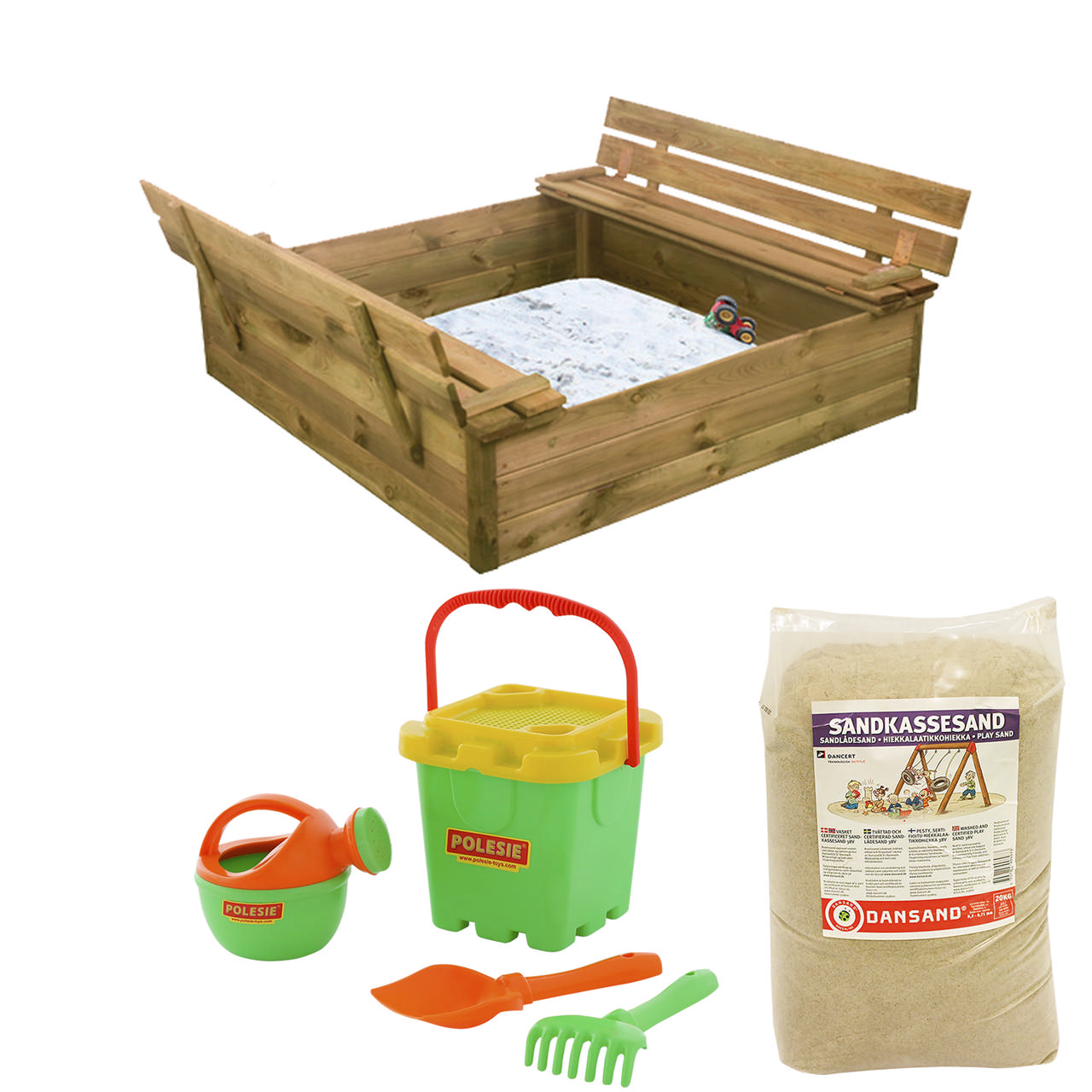 Sandpit with bench & lid, with 240 kg sand and green sand toys NORDIC PLAY