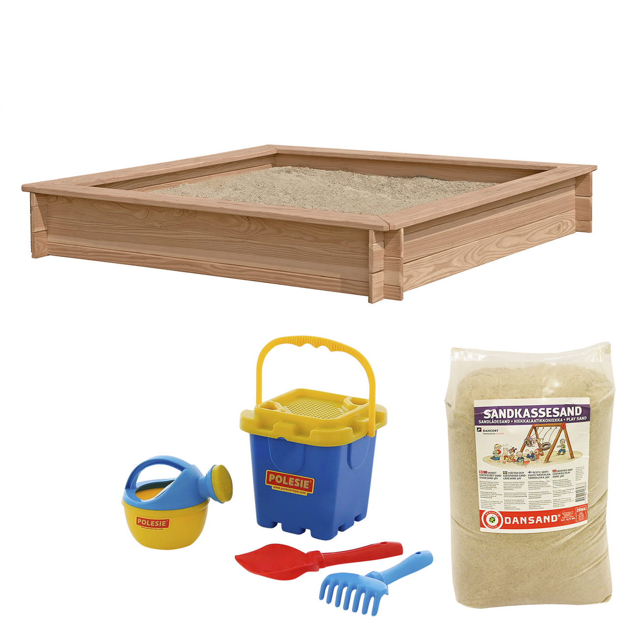 Sandpit larch 150x150 cm with 240 kg sand and blue sand toys NORDIC PLAY