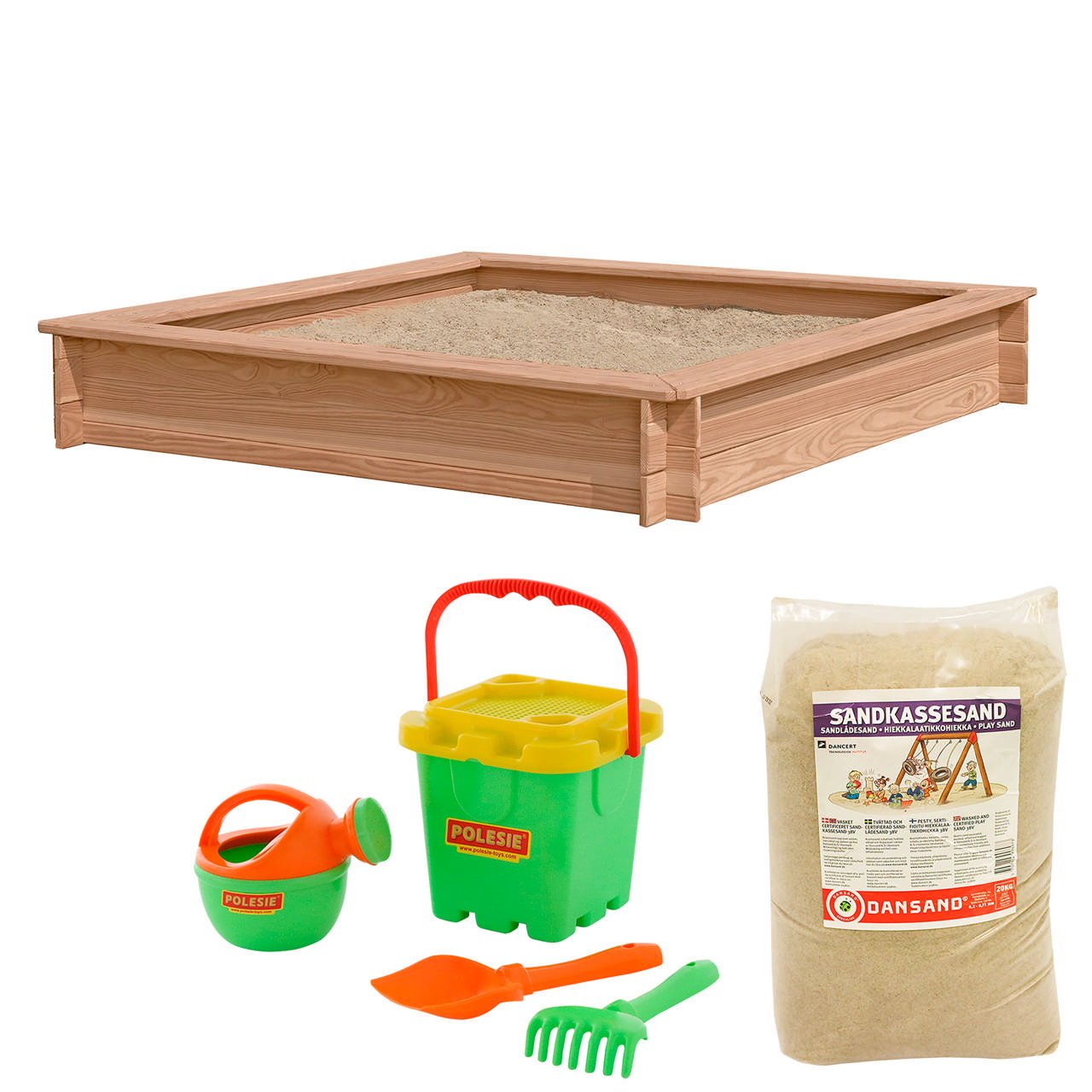 Sandpit larch 150x150 cm with 240 kg sand and green sand toys NORDIC PLAY