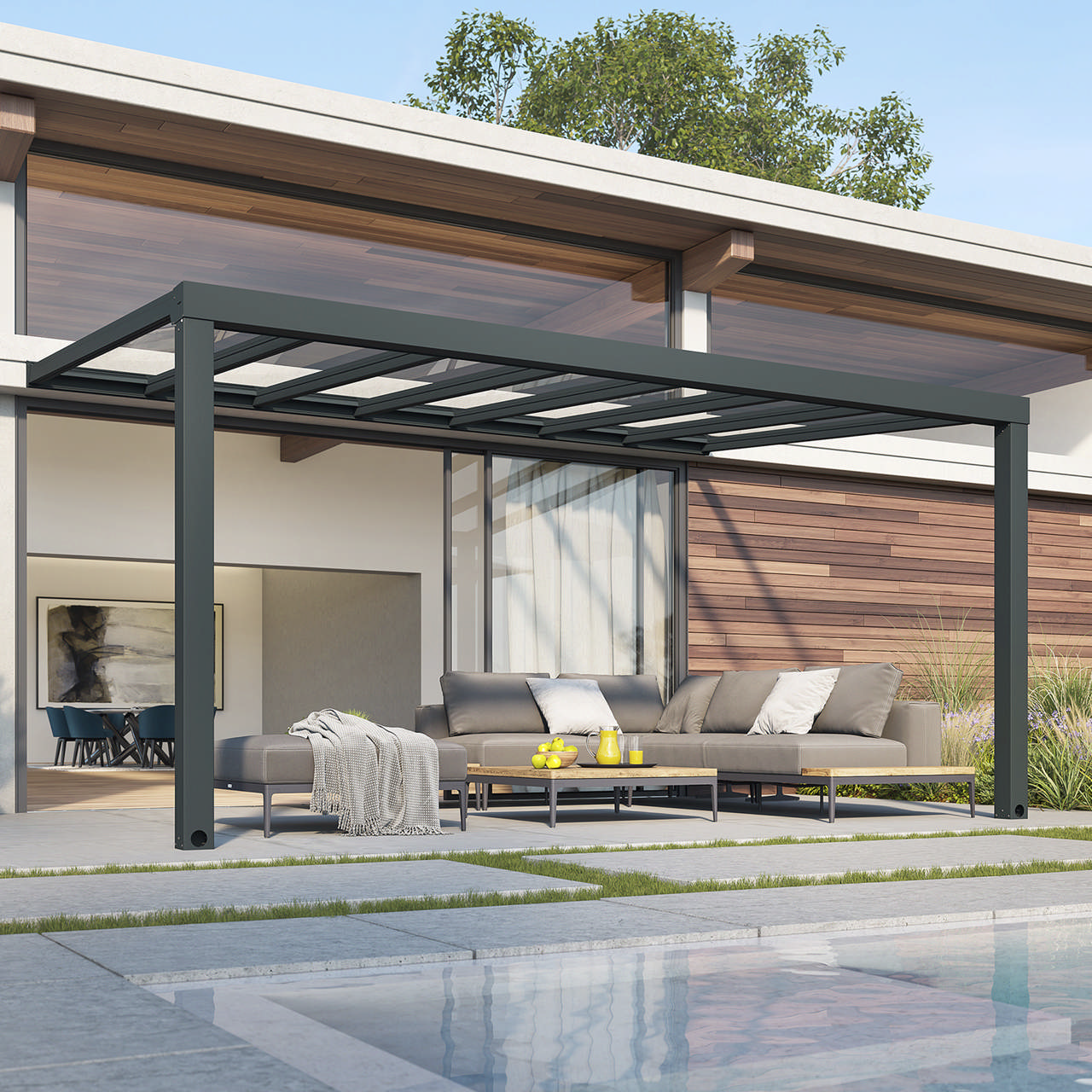 Patio cover Stockholm 3.4 x 3.7 m, anthracite incl. roof curtains Palram - Canopia