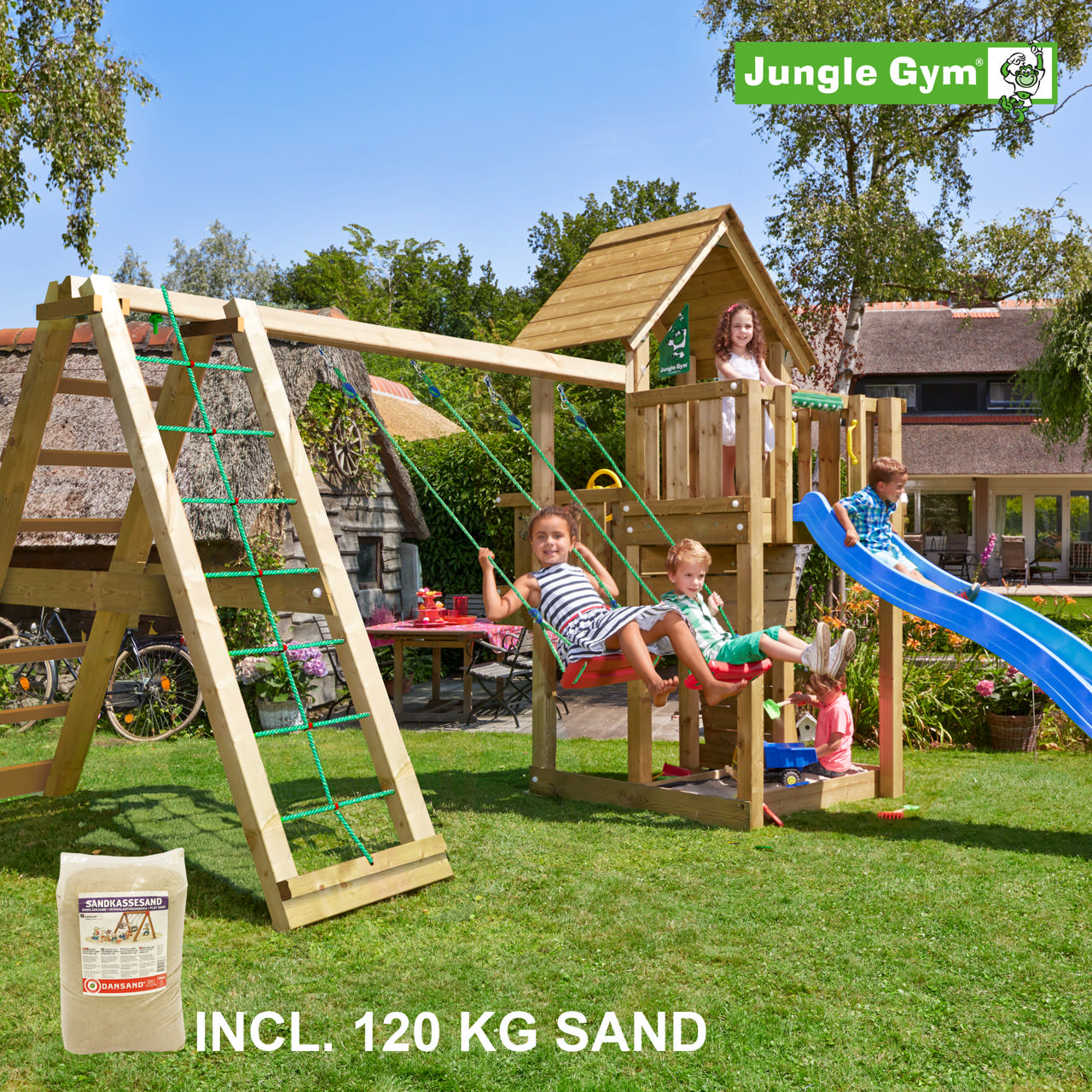 Playtower Jungle Gym Cubby m/2-Climb Module 220, 120 kg sand and blue slide