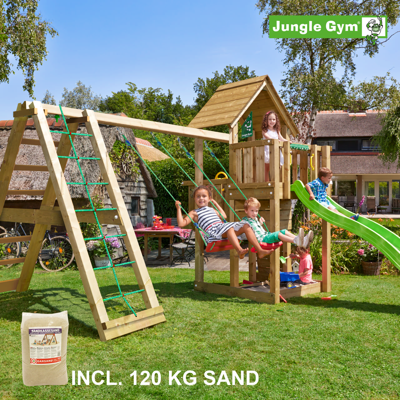 Playtower Jungle Gym Cubby w/2-Climb Module 220, 120 kg sand and green slide