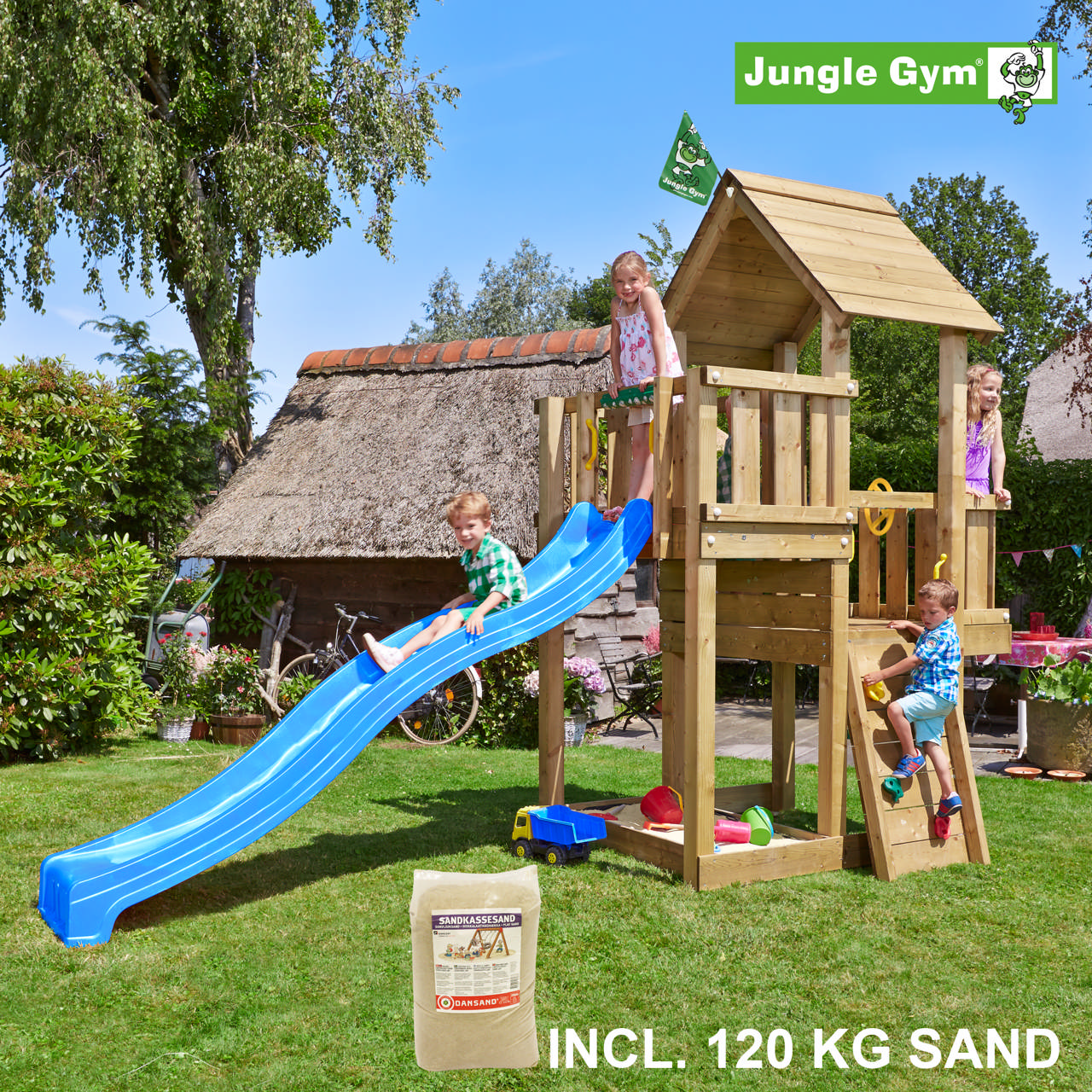 Playtower Jungle Gym Cubby w/ blue slide and 120 kg sand