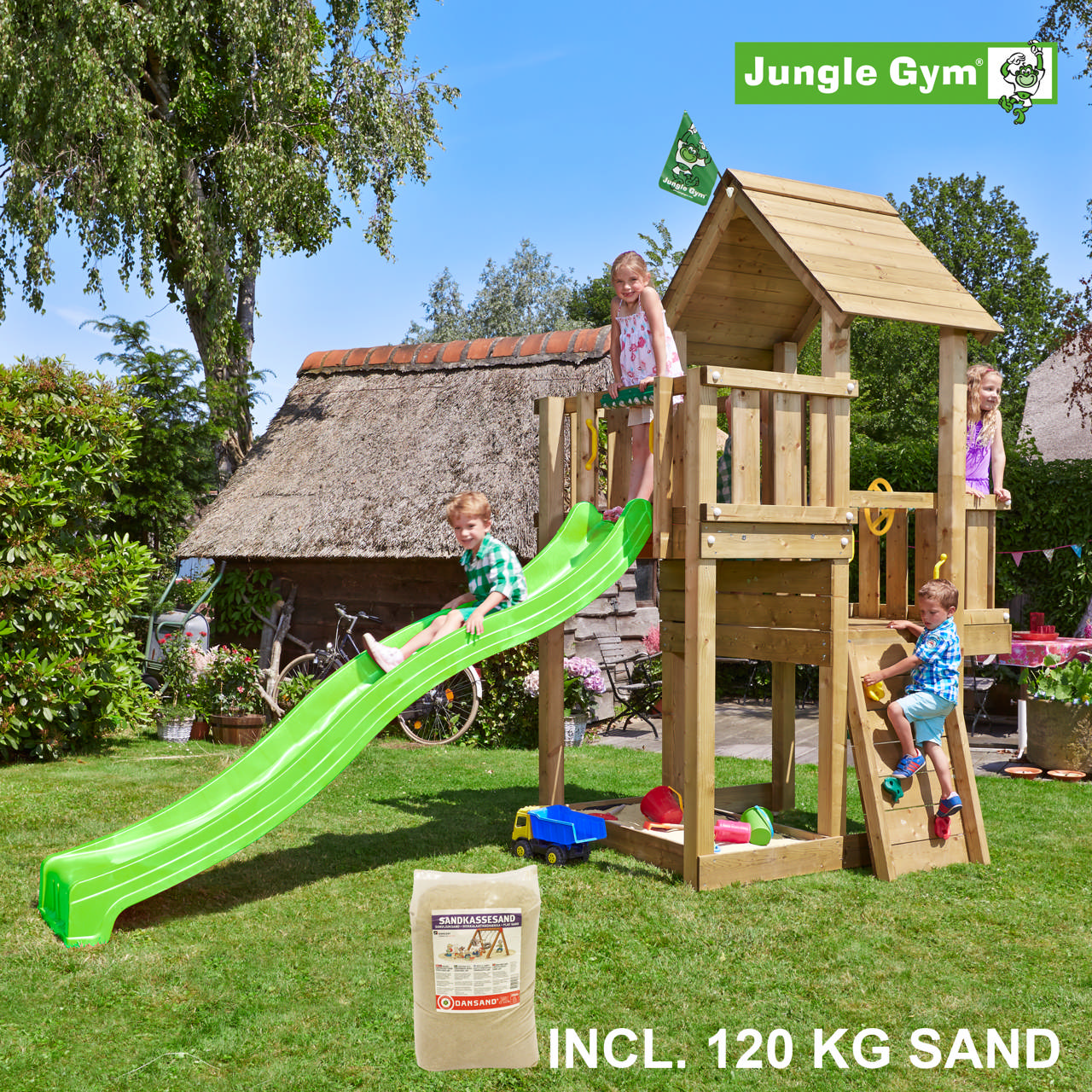 Playtower Jungle Gym Cubby w/green slide and 120 kg sand