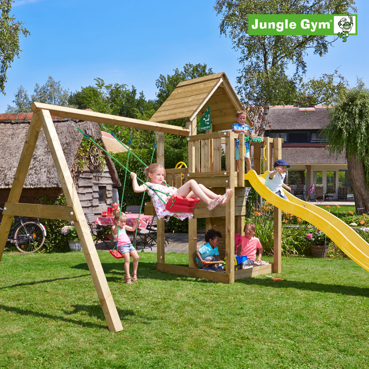 Playtower Jungle Gym Cubby w/2-Swing Module 220 and yellow slide