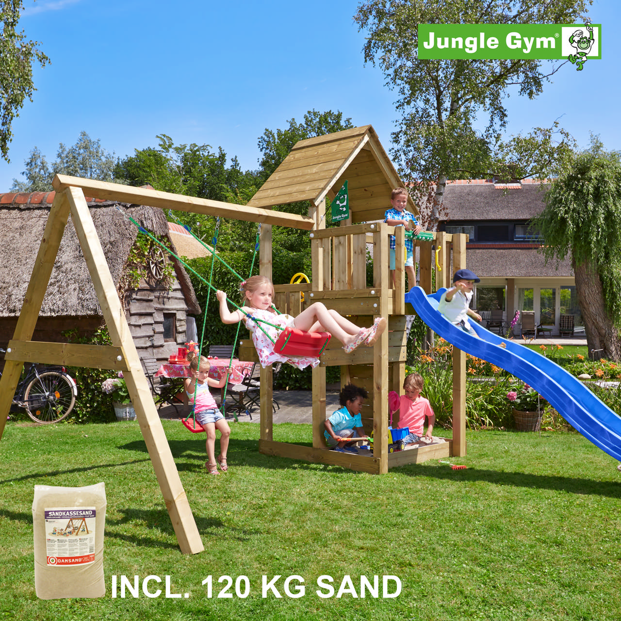 Playtower Jungle Gym Cubby w/2-Swing Module 220, blue slide and 120 kg sand