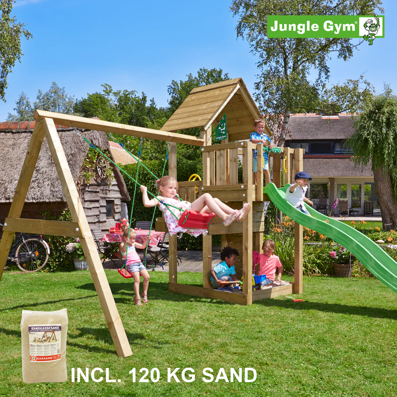 Playtower Jungle Gym Cubby w/2-Swing Module 220, green slide and 120 kg sand
