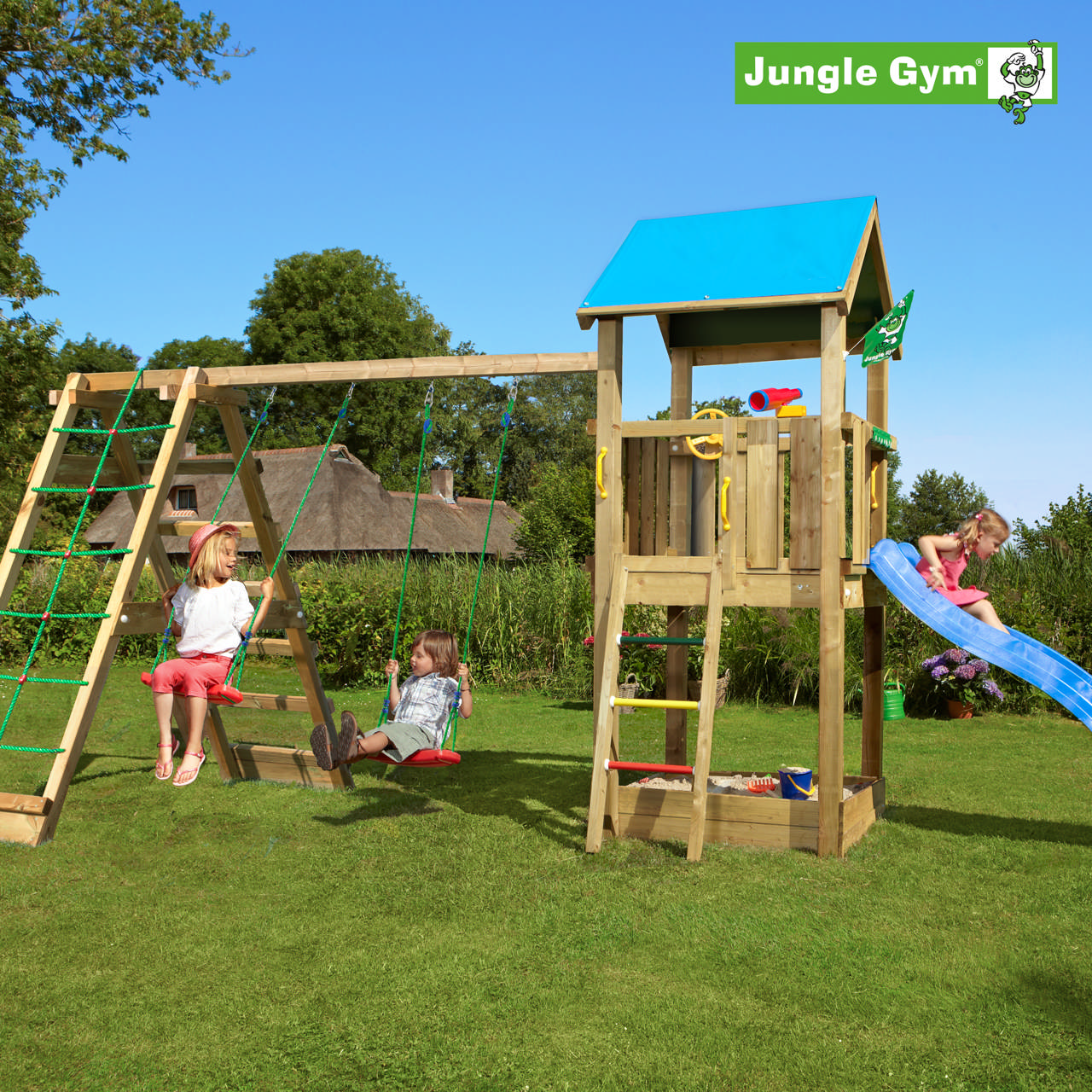 Playtower Jungle Gym Castle 2.1, w/2-Climb Module 220 and blue slide 