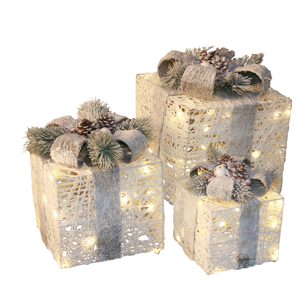 Christmas gifts with lights, set with 3 pcs. - white