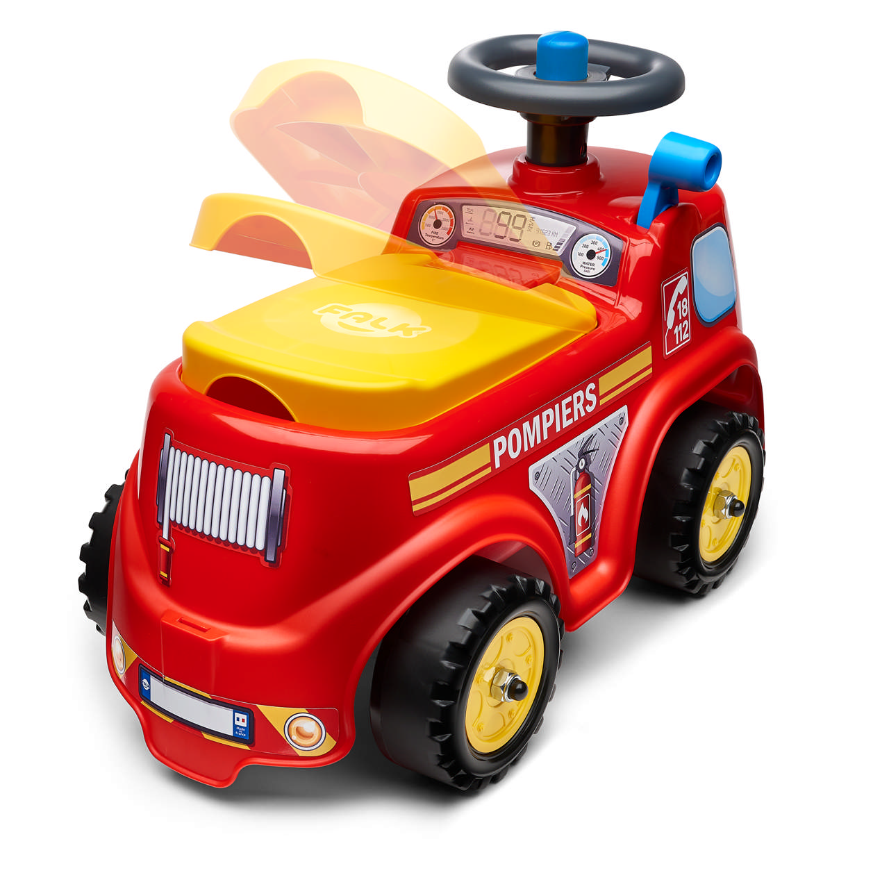 Fireman ride-on with storage, steering wheel and horn FALK