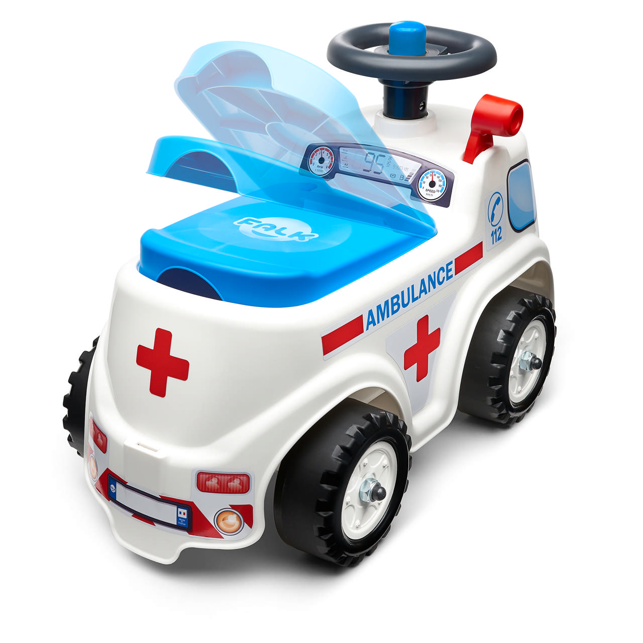 Ambulance ride-on with storage, steering wheel and horn FALK