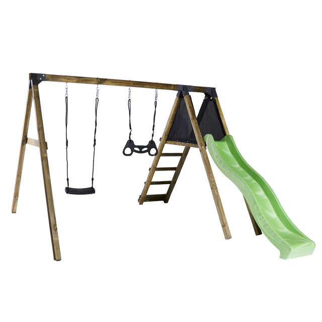 Swing set with Climb module, black swing seat and black trapeze swing incl. green slide NORDIC PLAY