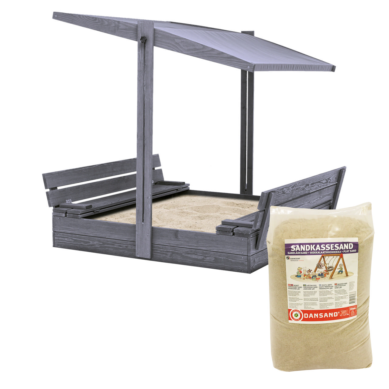Sandpit w/roof 120 x 120 cm incl. Sand, grey NORDIC PLAY